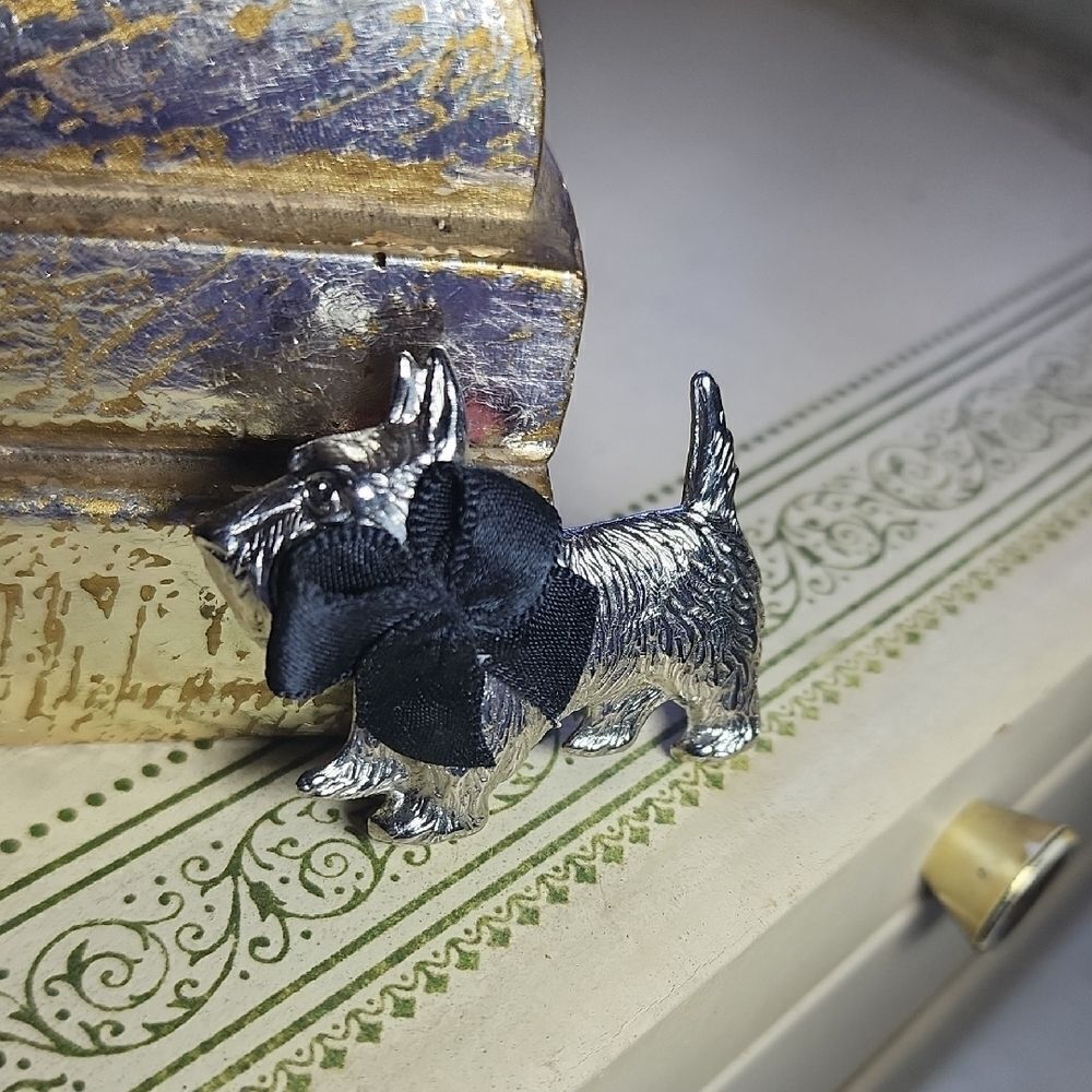 Scottie Dog Silver Tone Brooch With Large Black Bow